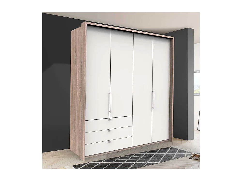 Falttüren Kleiderschrank in Weiß Eiche Sägerau drei Schubladen