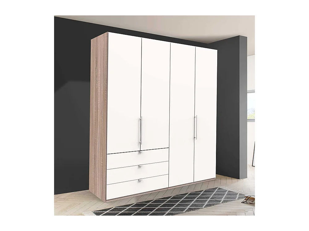 Falttüren Kleiderschrank in Weiß Eiche Sägerau drei Schubladen