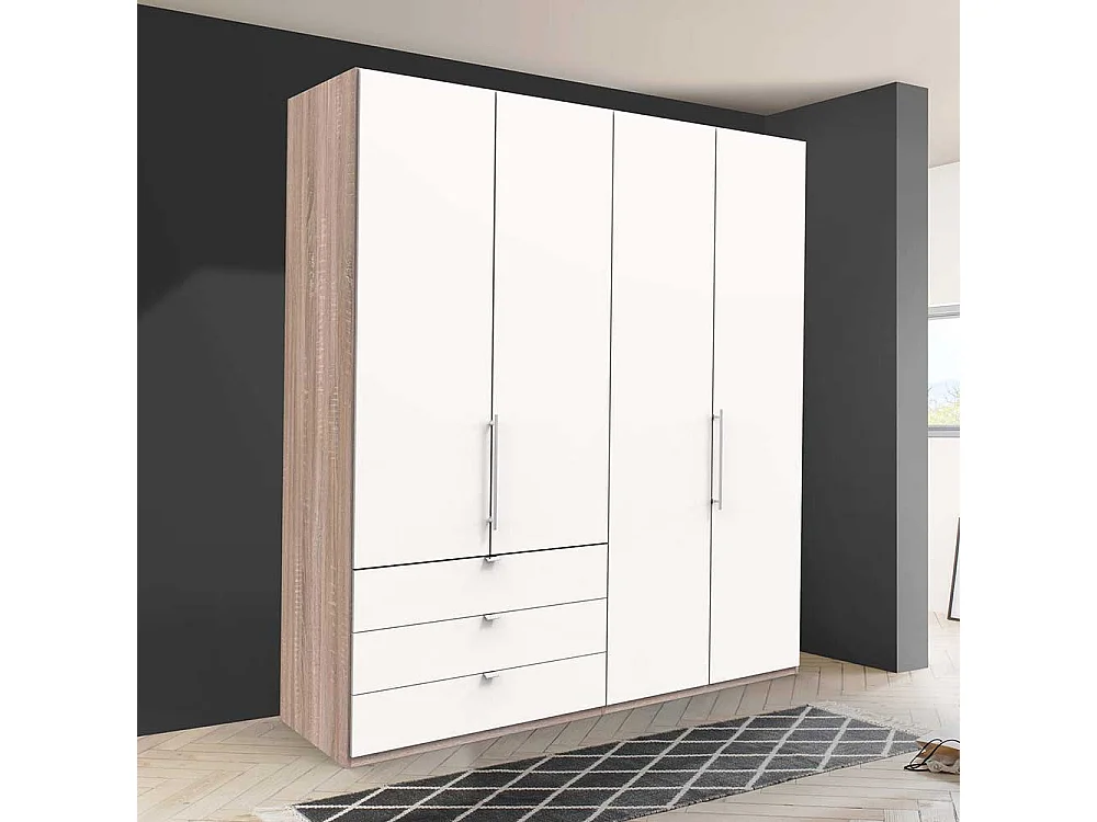 Falttüren Kleiderschrank in Weiß Eiche Sägerau drei Schubladen
