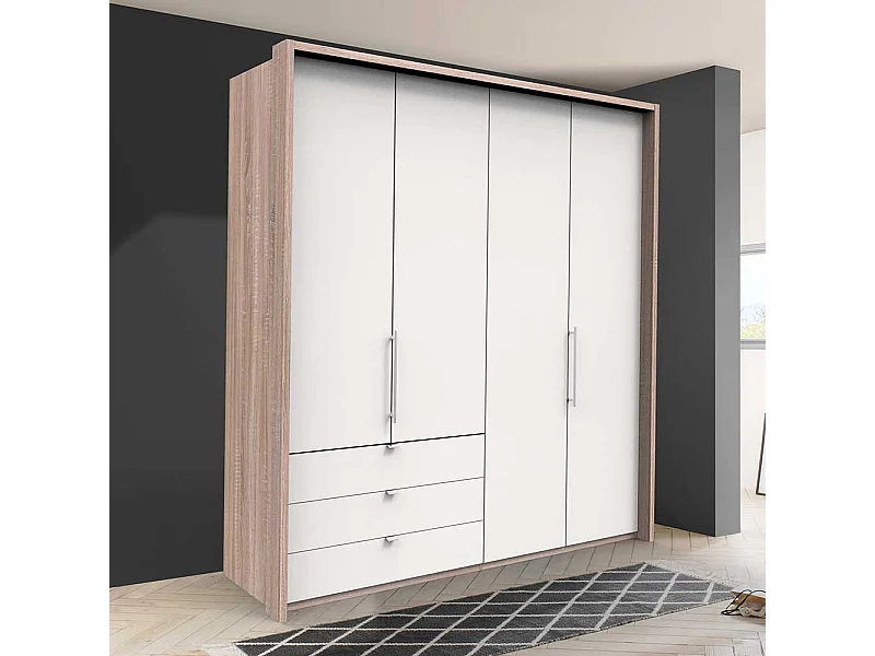 Falttüren Kleiderschrank in Weiß Eiche Sägerau drei Schubladen