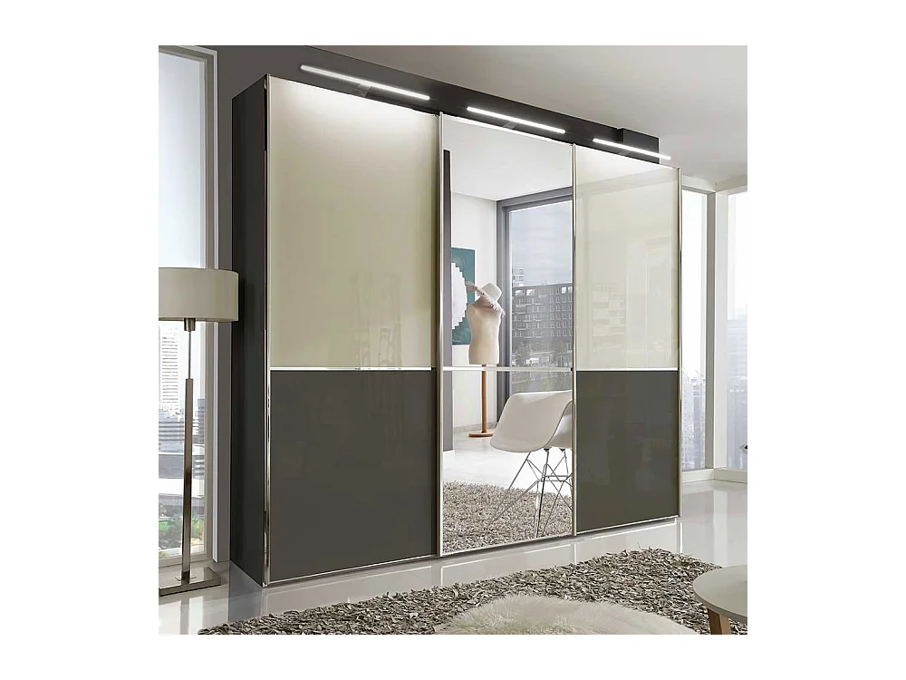 Schiebetüren Kleiderschrank in Creme Weiß und Braun Spiegel