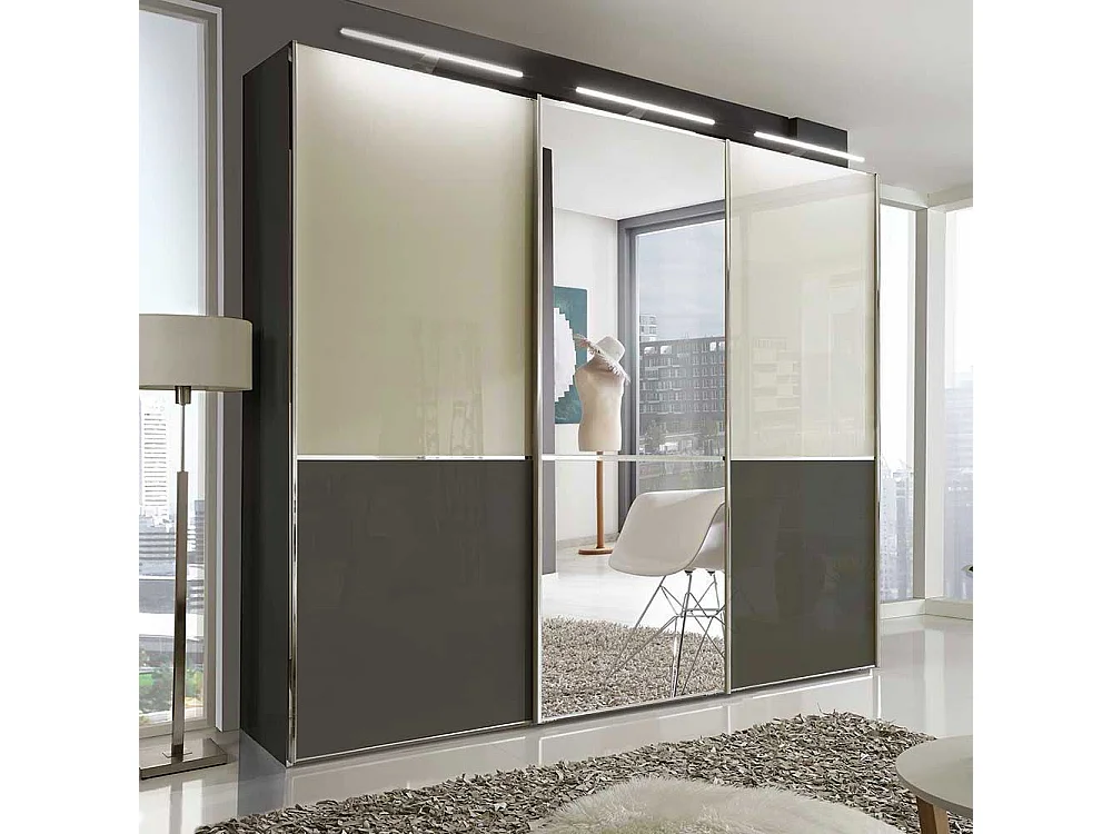 Schiebetüren Kleiderschrank in Creme Weiß und Braun Spiegel