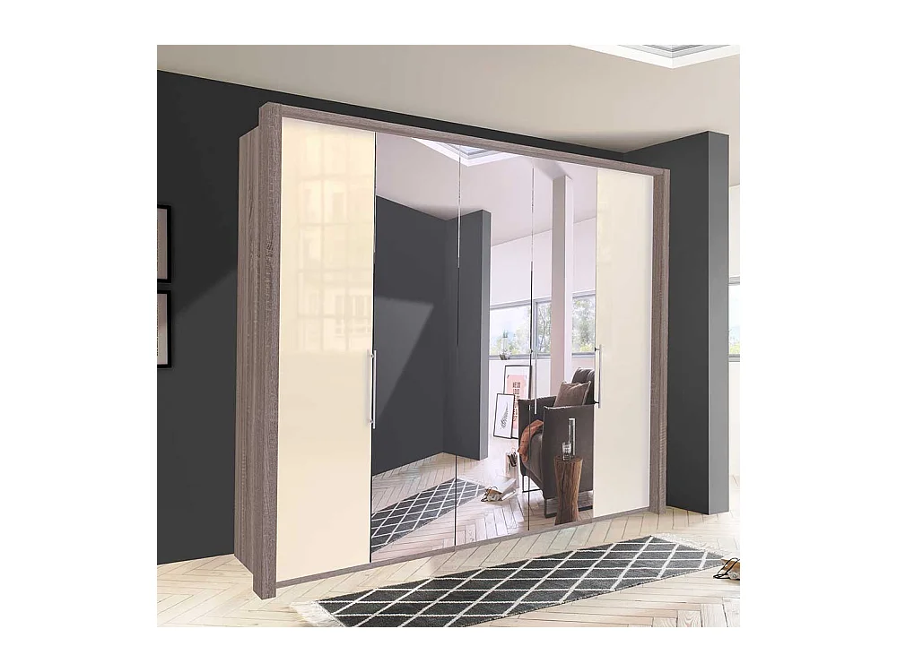 Kleiderschrank in Cremeweiß und Trüffelfarben Spiegelfront