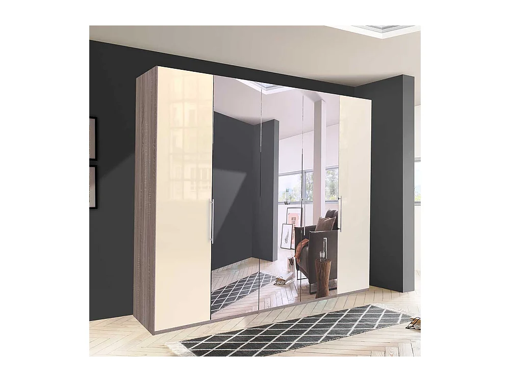 Kleiderschrank in Cremeweiß und Trüffelfarben Spiegelfront