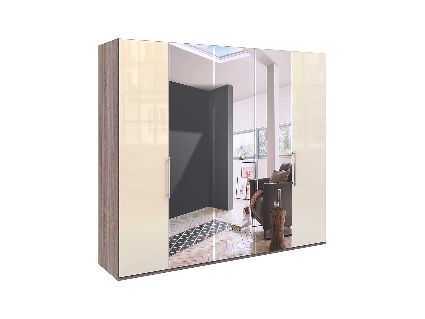 Kleiderschrank in Cremeweiß und Trüffelfarben Spiegelfront