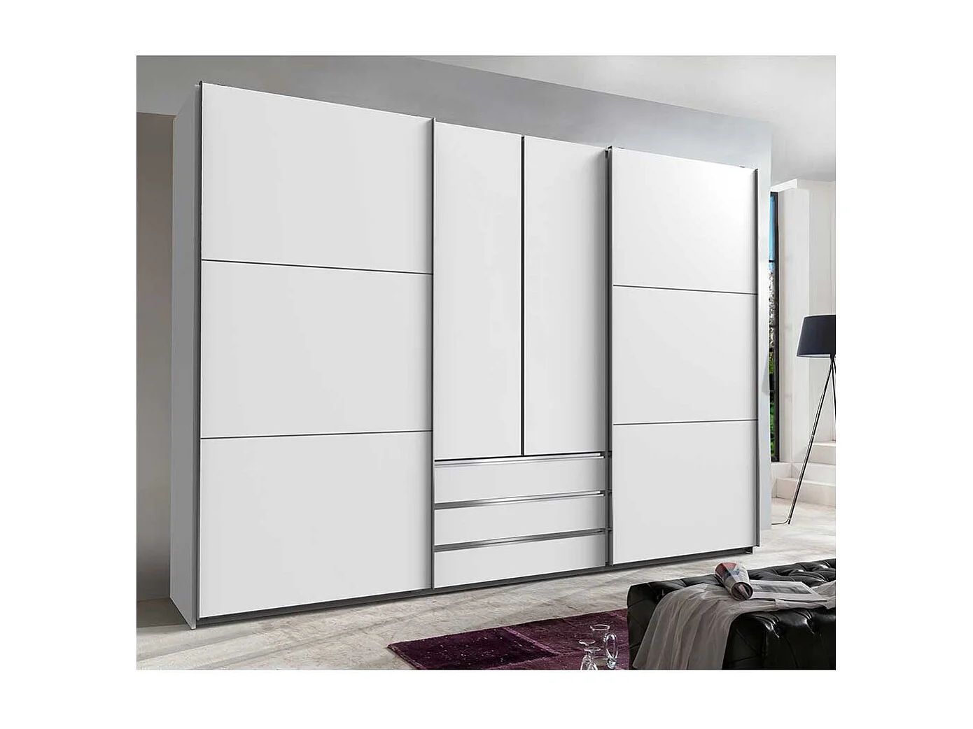 Schlafzimmerkleiderschrank 300 cm breit in Weiß Dreh- und Schiebetüren