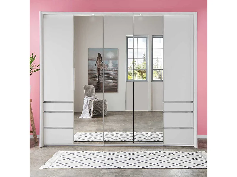 Spiegeltüren Kleiderschrank in Weiß sechs Selbsteinzug Schubladen