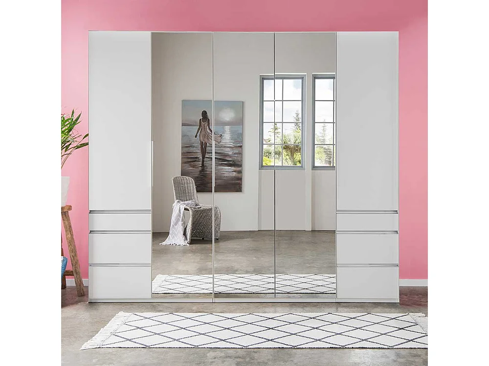 Spiegeltüren Kleiderschrank in Weiß sechs Selbsteinzug Schubladen