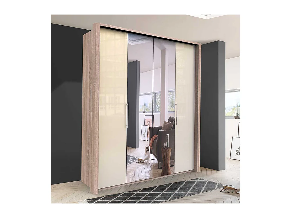 Spiegel Kleiderschrank mit zwei Falttüren Cremefarben Eiche Sägerau