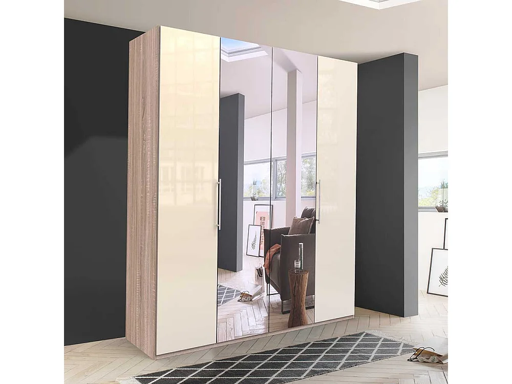 Spiegel Kleiderschrank mit zwei Falttüren Cremefarben Eiche Sägerau