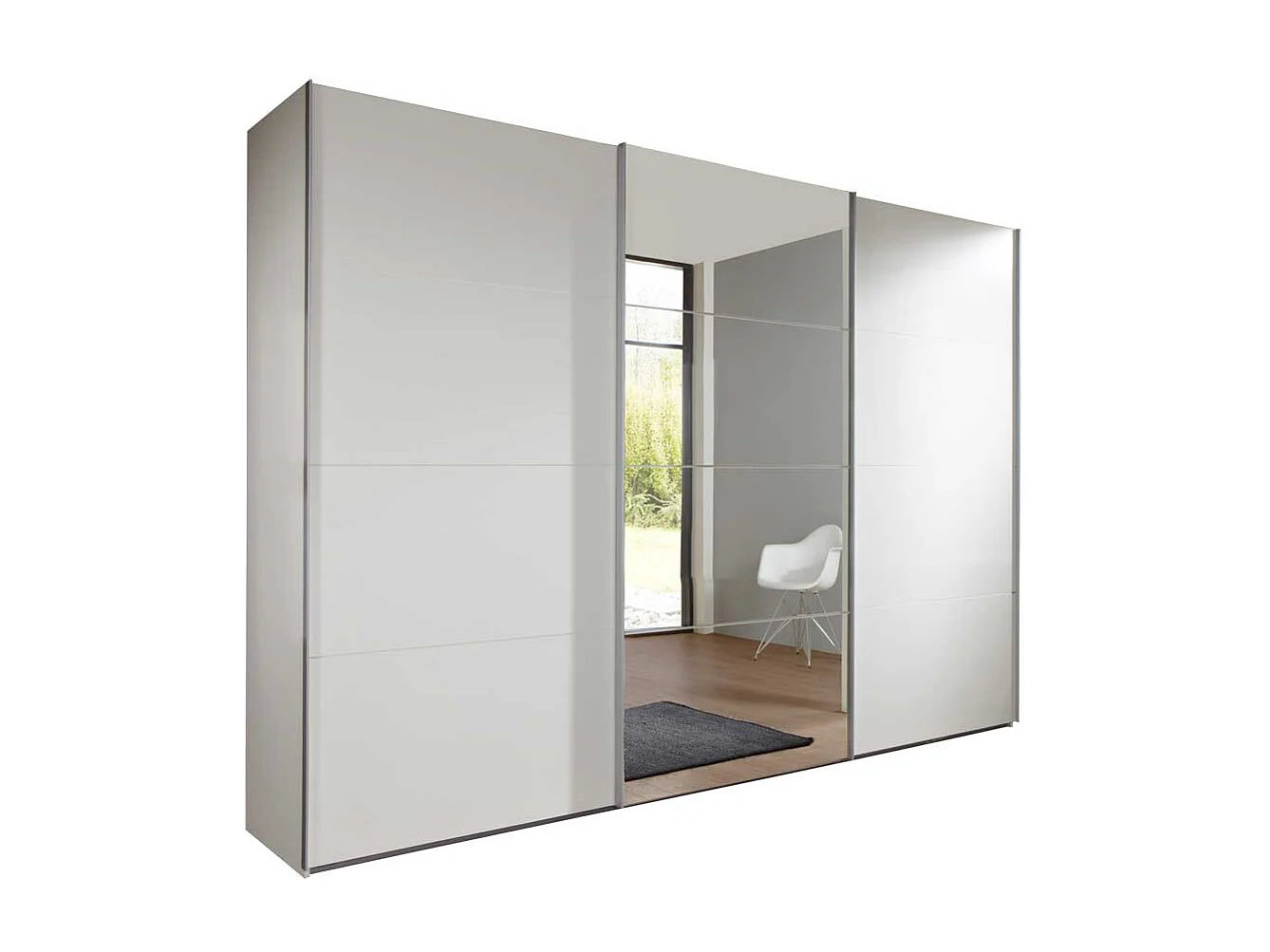 Schwebetürenschrank in Weiß mit Spiegeltür 270 cm breit