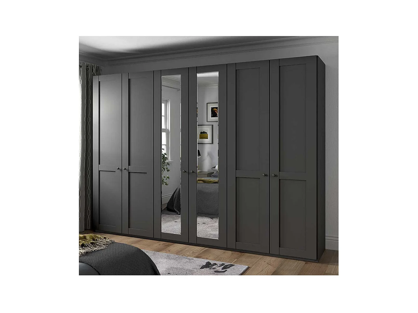 Dunkelgrauer XL Kleiderschrank im Landhausstil Spiegeltüren