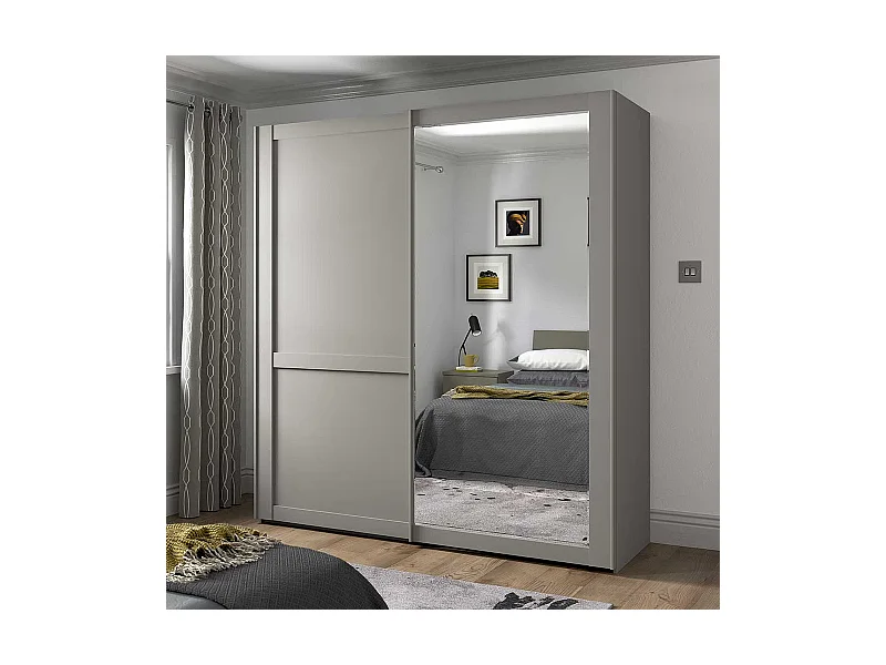 Schwebetürenschrank Spiegel rechts in Hellgrau modernen Landhausstil