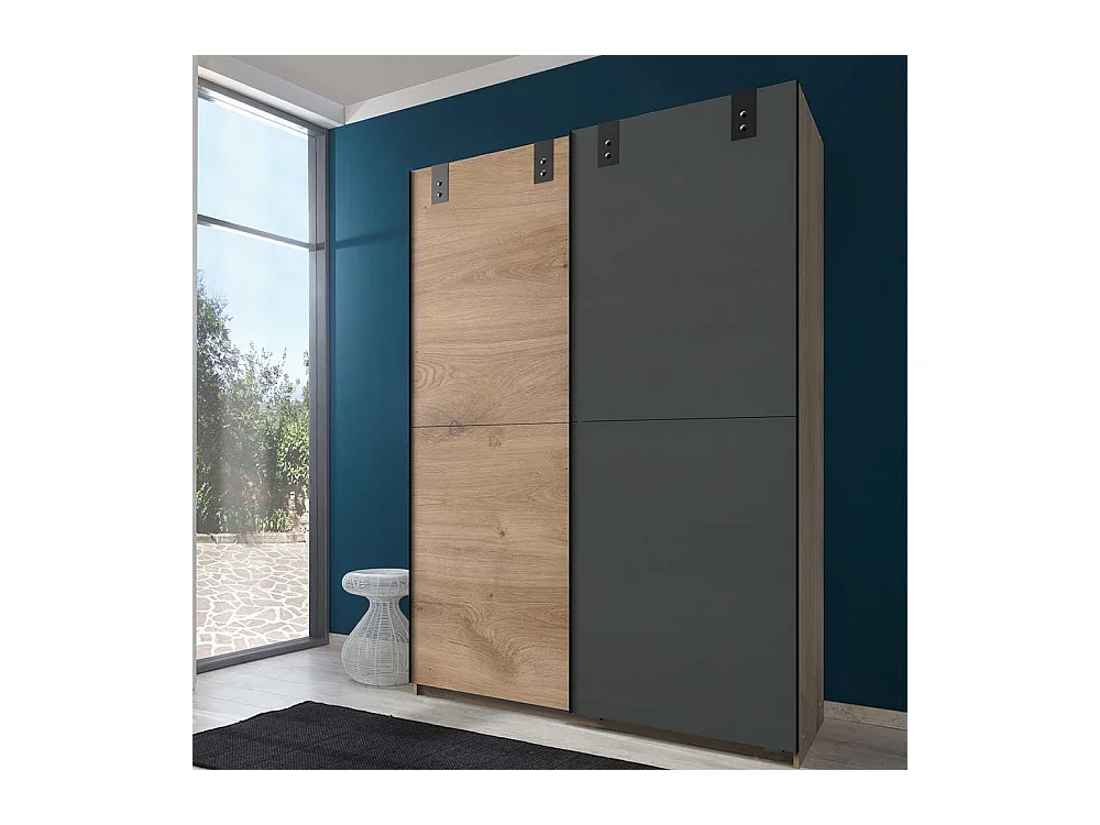 Schwebetürenschrank modern in Dunkelgrau Plankeneiche Holzoptik