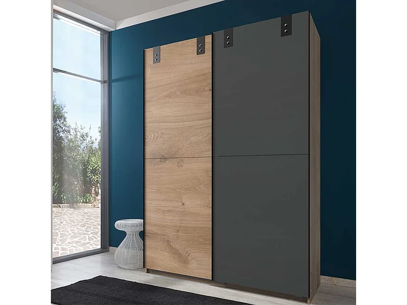 Schwebetürenschrank modern in Dunkelgrau Plankeneiche Holzoptik