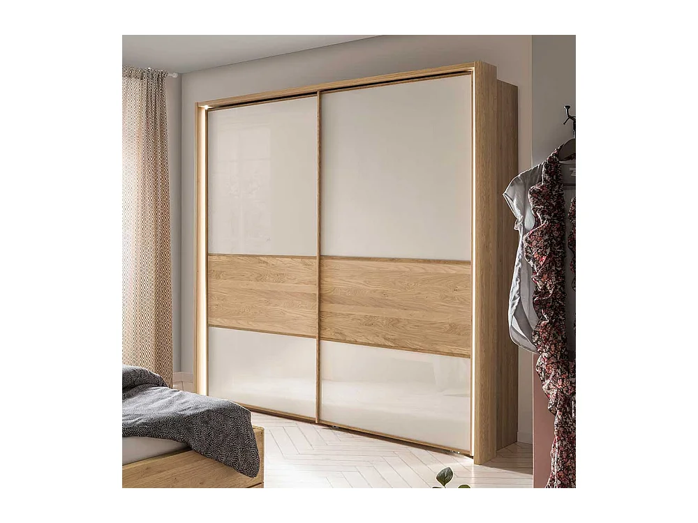 Schiebetüren Kleiderschrank in Beige Glas beschichtet Eiche Massivholz