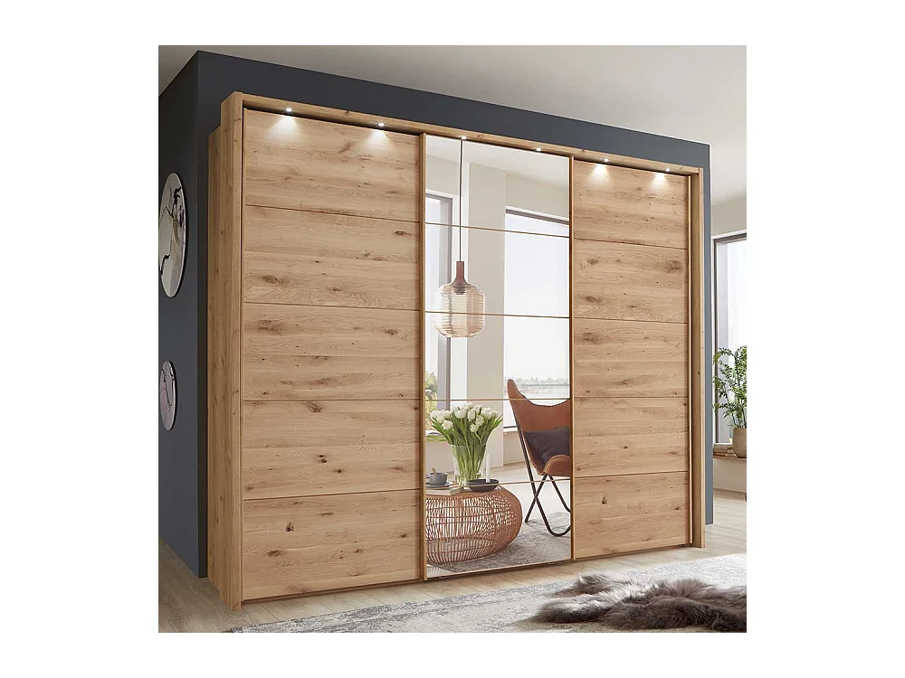 Kleiderschrank Holz mit 3 Schwebetüren Spiegel