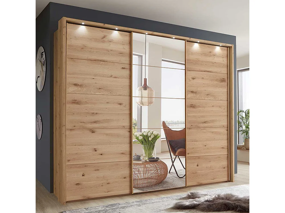 Kleiderschrank Holz mit 3 Schwebetüren Spiegel