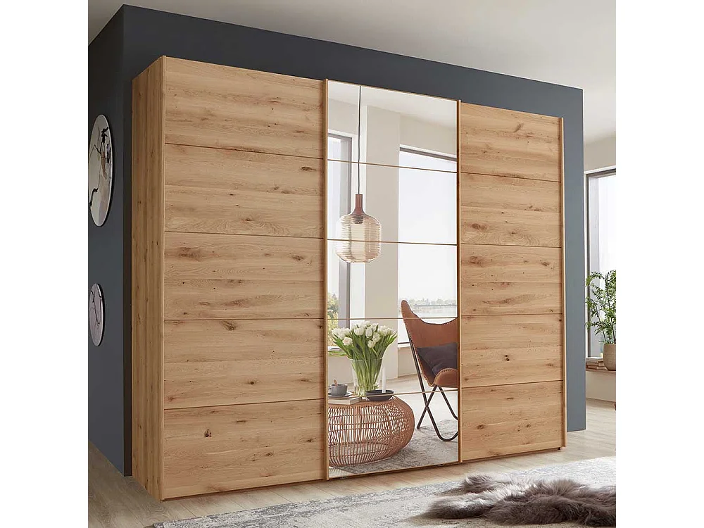Kleiderschrank Holz mit 3 Schwebetüren Spiegel