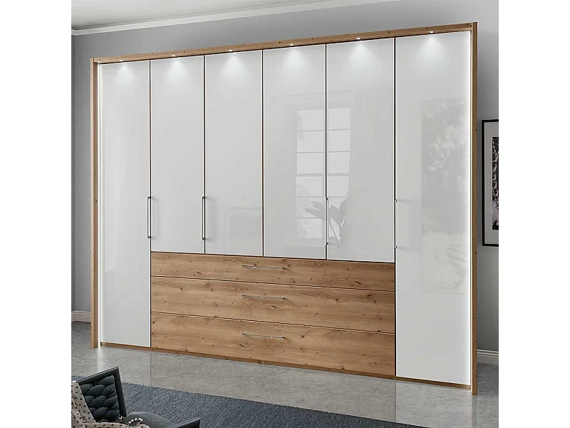 XXL Schlafzimmerschrank in Eiche Bianco Weiß Glasfront