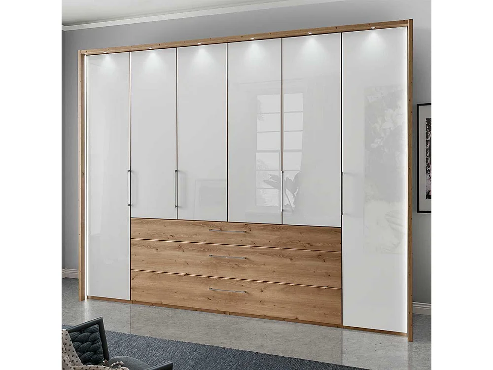 XXL Schlafzimmerschrank in Eiche Bianco Weiß Glasfront