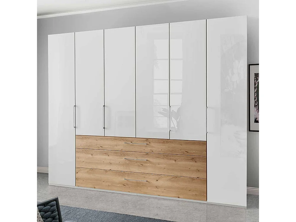 XXL Schlafzimmerschrank in Eiche Bianco Weiß Glasfront