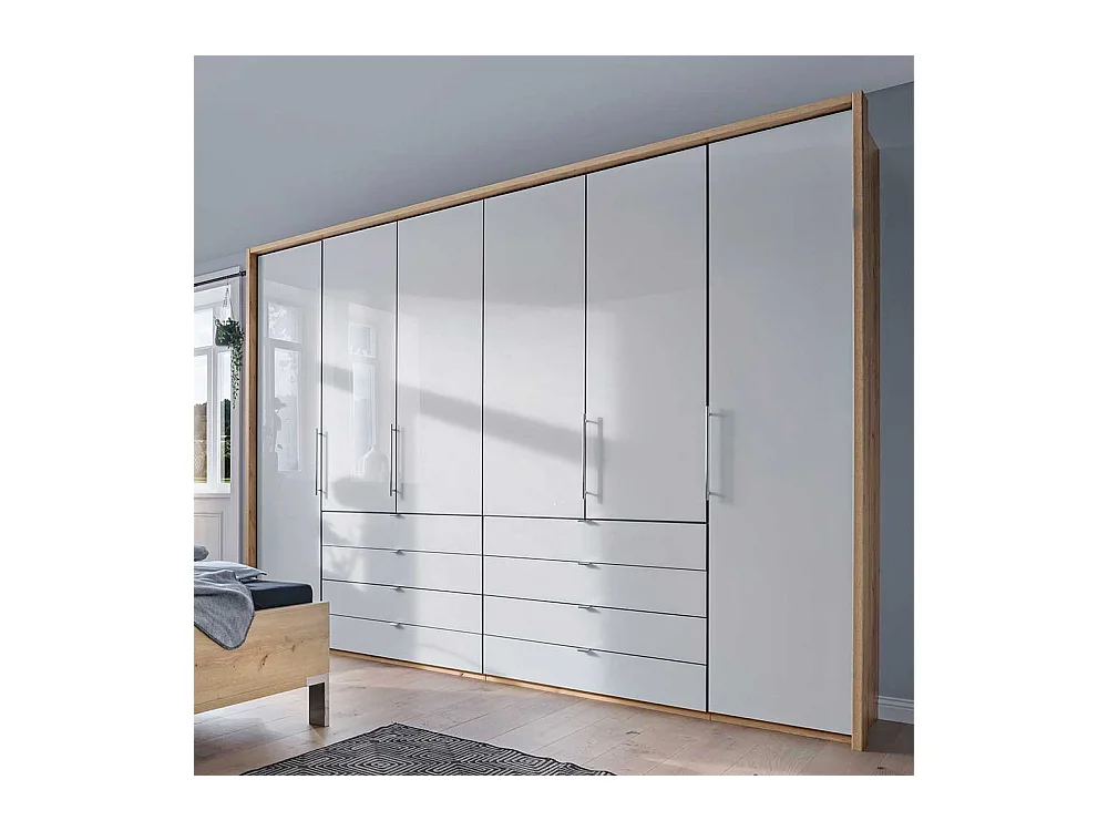 Panorama Schlafzimmerschrank in Weiß und Eiche Bianco glasbeschichtet