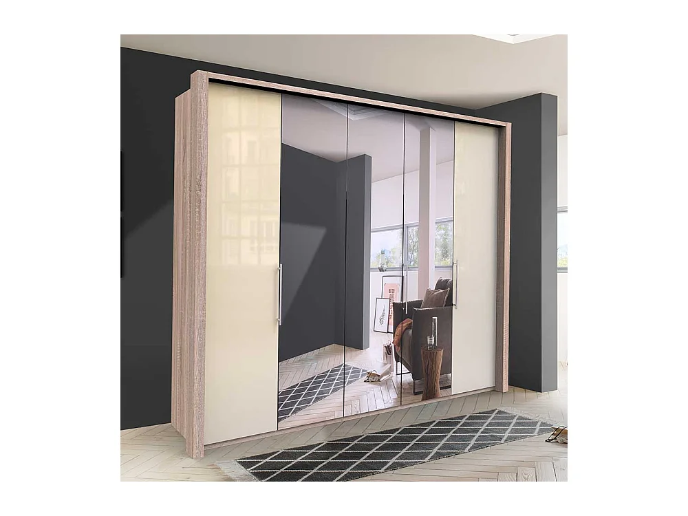 Falttüren Kleiderschrank mit Spiegel Weiß und Eiche Sägerau