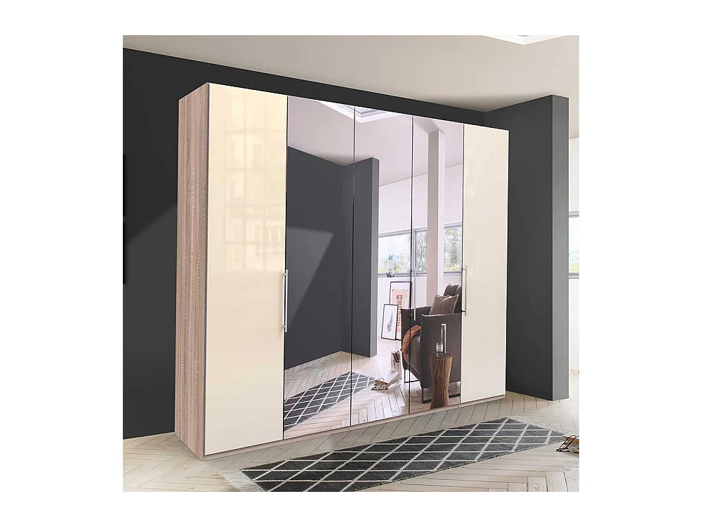 Falttüren Kleiderschrank mit Spiegel Weiß und Eiche Sägerau