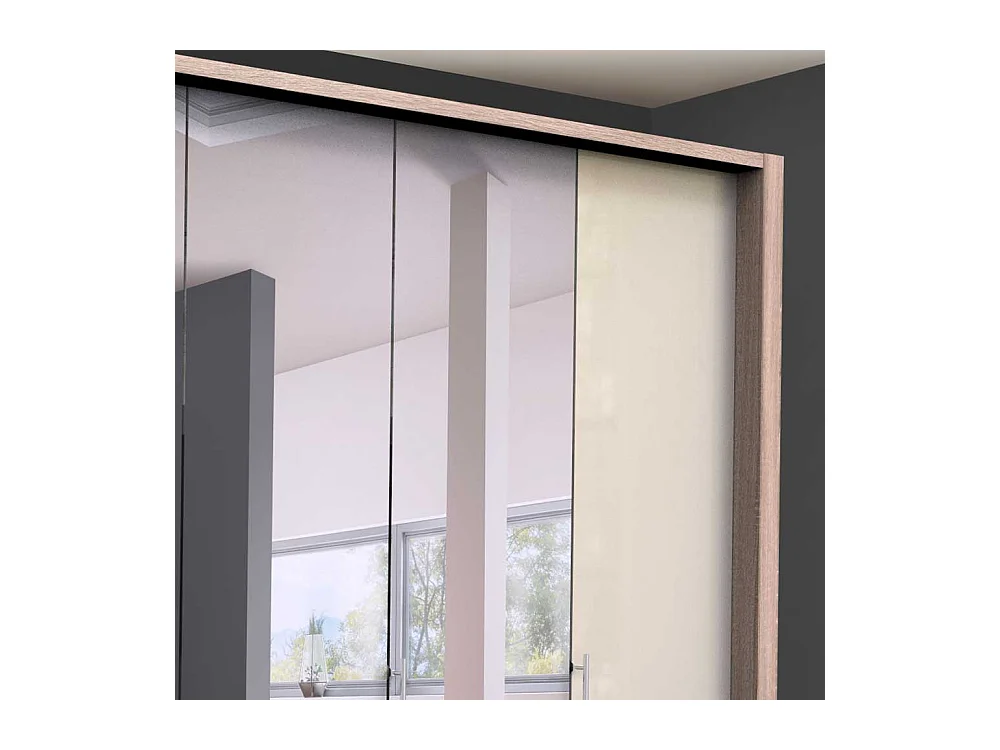 Falttüren Kleiderschrank mit Spiegel Weiß und Eiche Sägerau