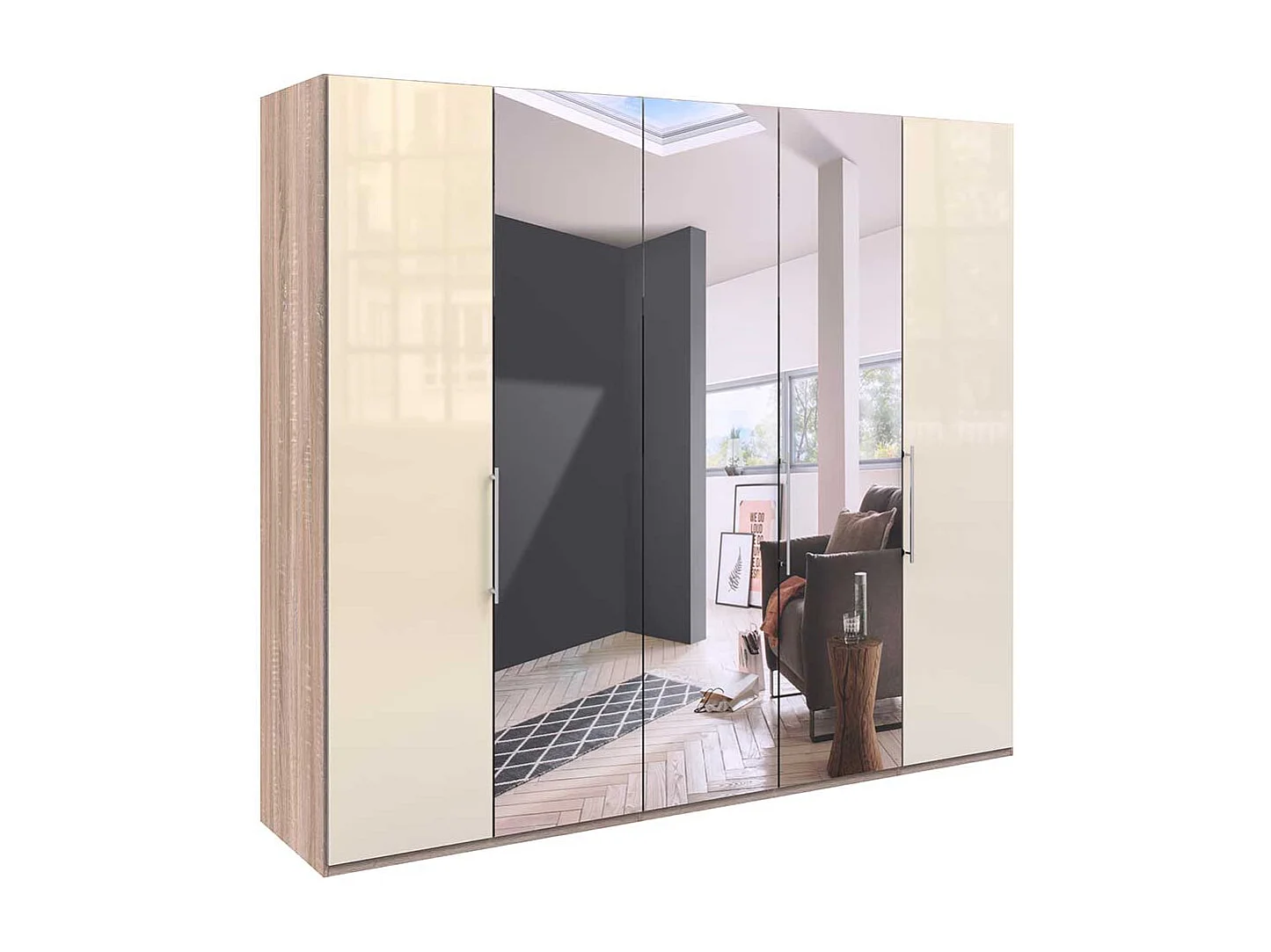 Falttüren Kleiderschrank mit Spiegel Weiß und Eiche Sägerau