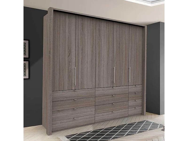 Kombi Kleiderschrank in Eiche Trüffelfarben 3 türig mit vielen Schubladen