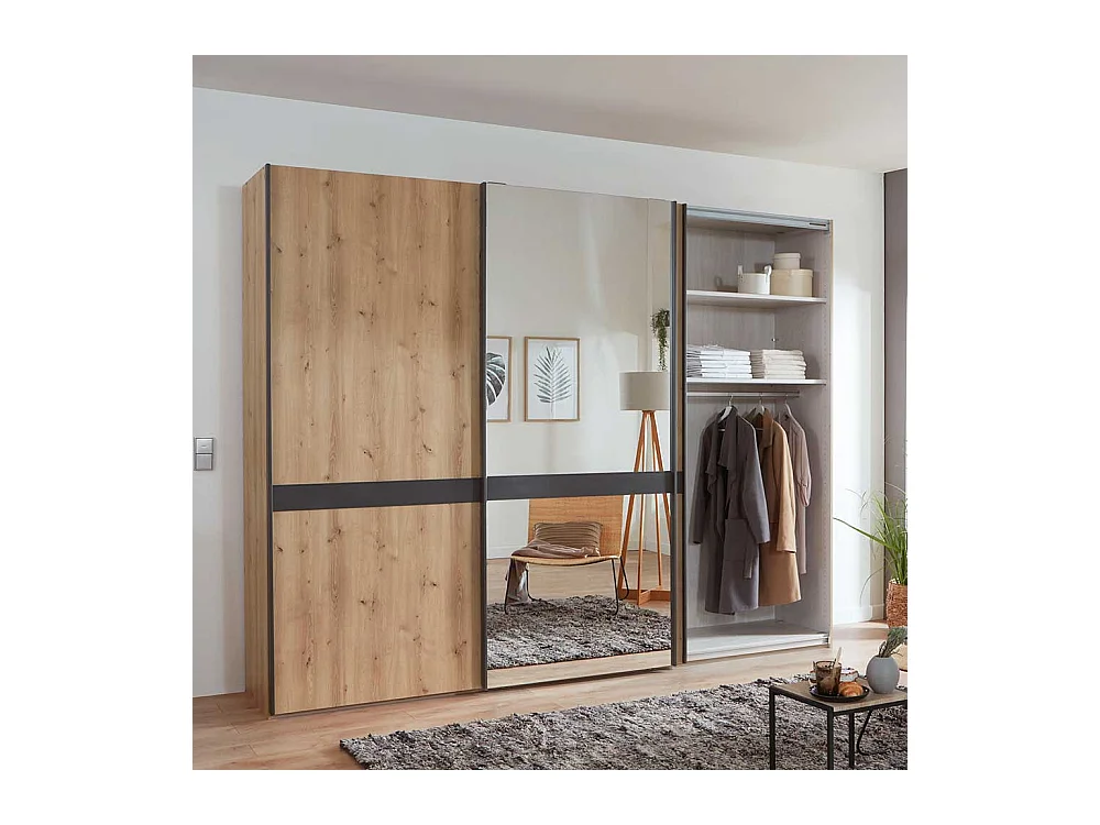Schlafzimmerschrank in Eiche Bianco und Anthrazit Schwebetüren