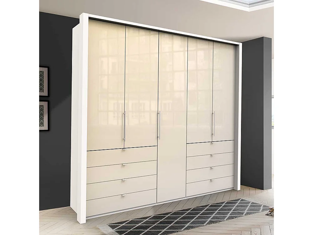 Falttüren Kleiderschrank in Creme Weiß Glas beschichtet acht Schubladen