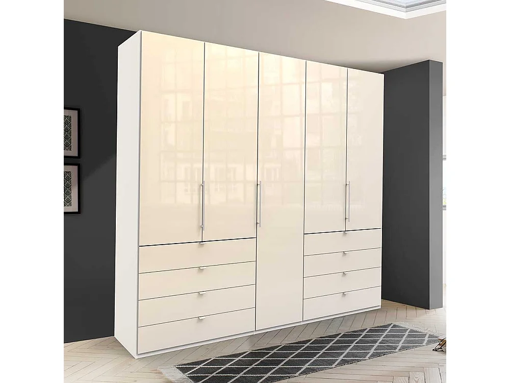Falttüren Kleiderschrank in Creme Weiß Glas beschichtet acht Schubladen