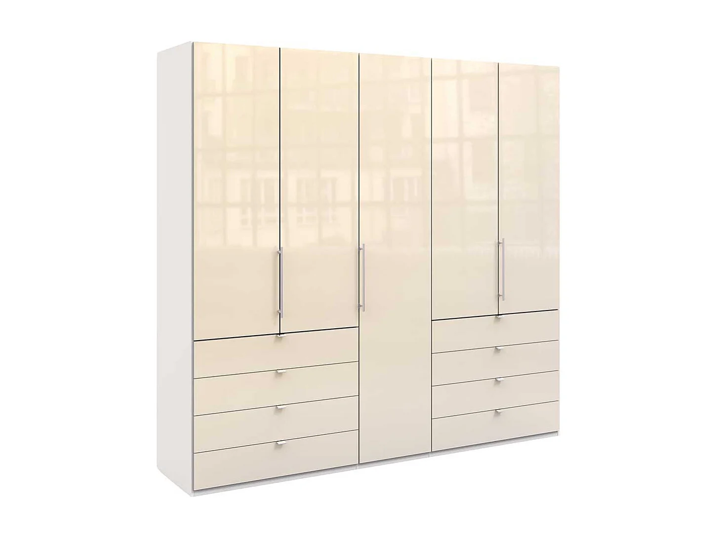 Falttüren Kleiderschrank in Creme Weiß Glas beschichtet acht Schubladen