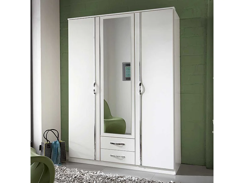 Kleiderschrank Jugendzimmer mit Spiegel in Weiß 135 cm breit