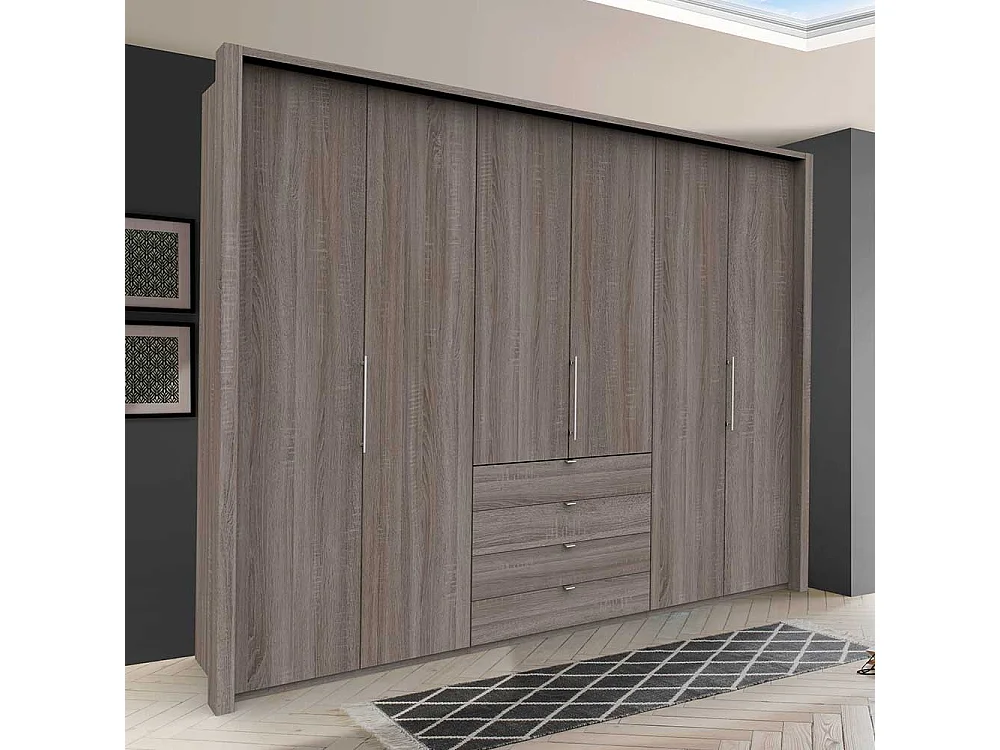 Moderner Kleiderschrank mit Schubladen und Falttüren Eiche Trüffelfarben