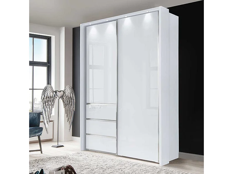 Weißer Schwebetürenschrank Glas beschichtet LED Beleuchtung