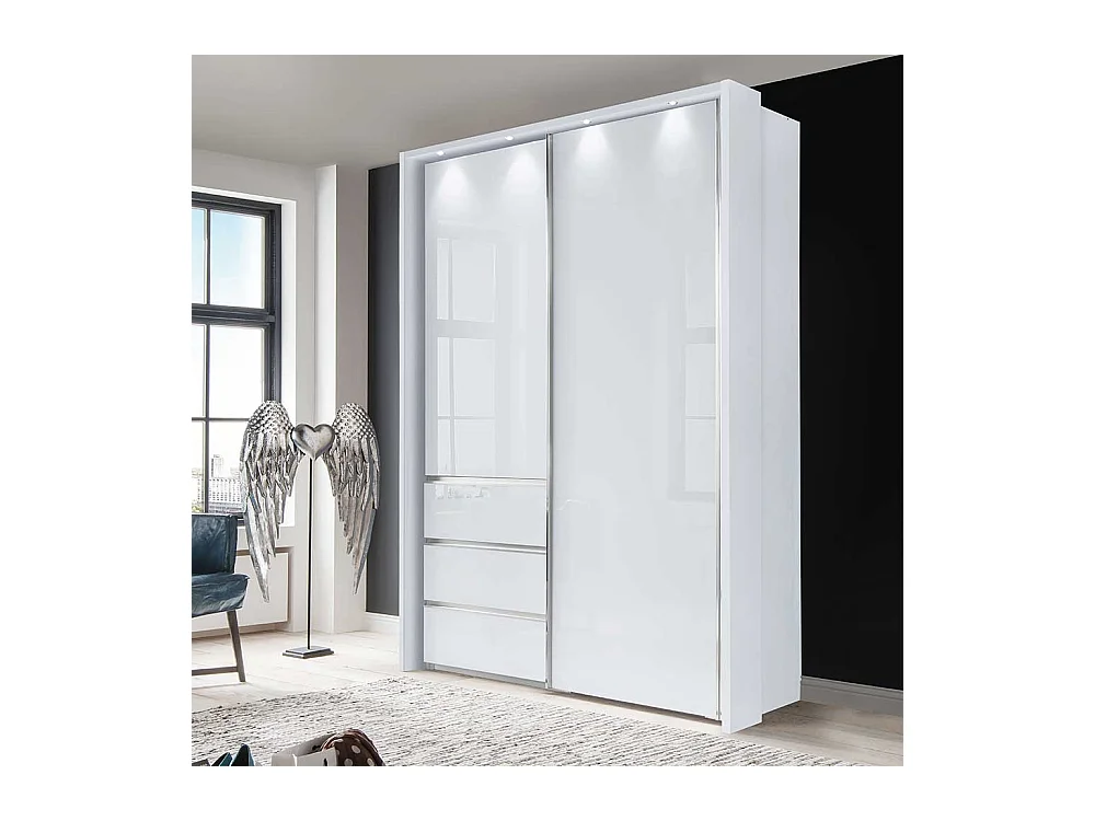Weißer Schwebetürenschrank Glas beschichtet LED Beleuchtung