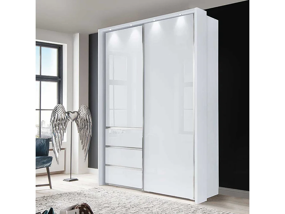 Weißer Schwebetürenschrank Glas beschichtet LED Beleuchtung