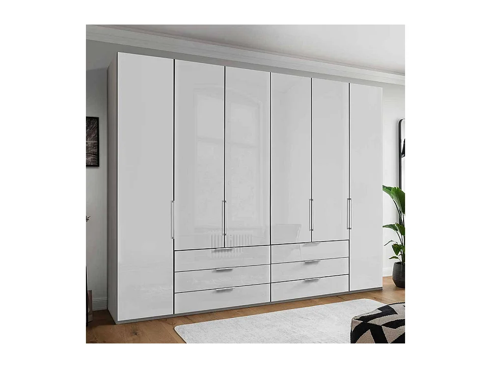 Glasfront Kleiderschrank in Weiß & Hellgrau sechs Schubladen