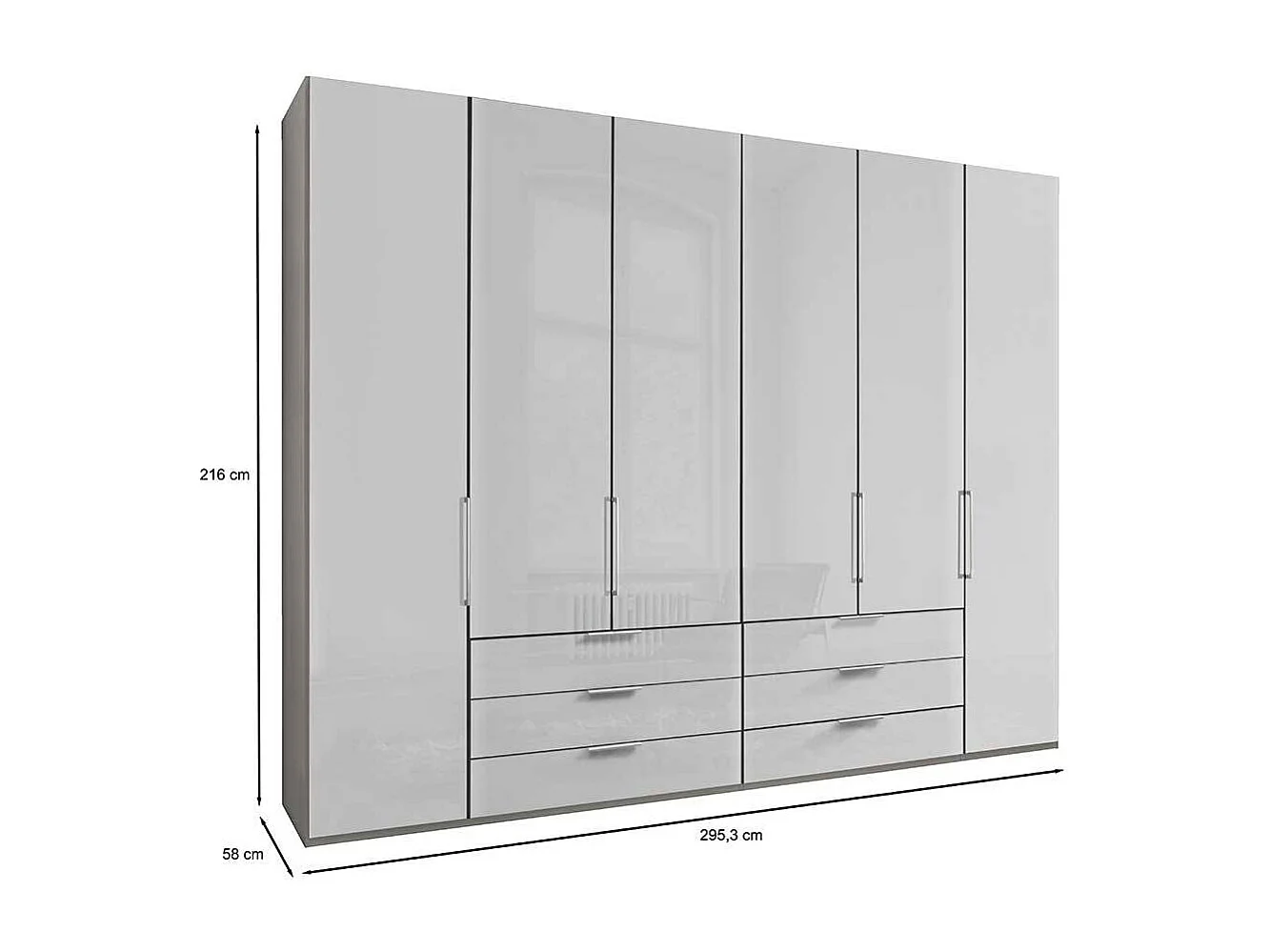 Glasfront Kleiderschrank in Weiß & Hellgrau sechs Schubladen