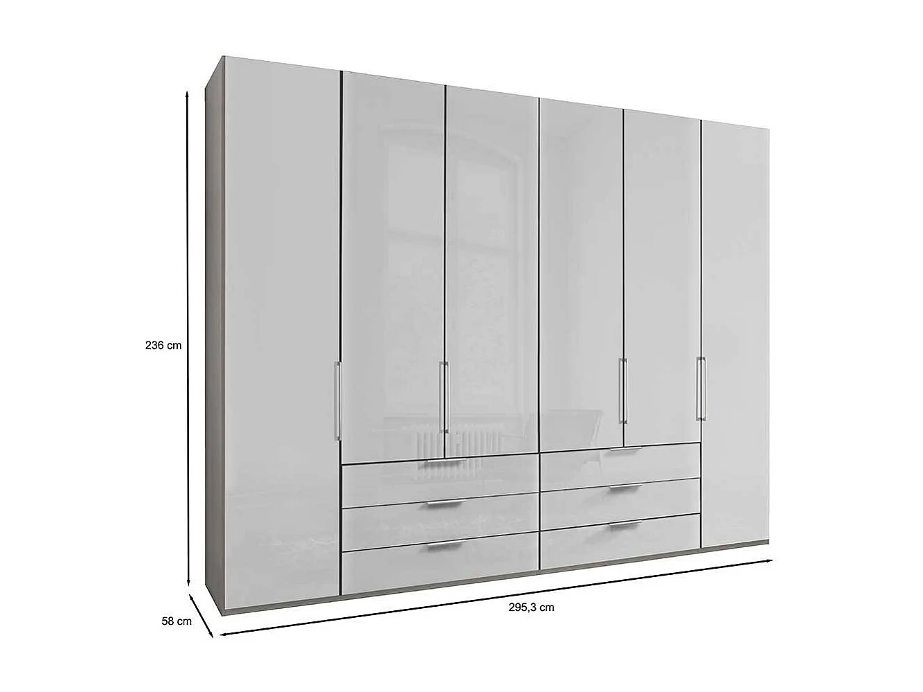 Glasfront Kleiderschrank in Weiß & Hellgrau sechs Schubladen