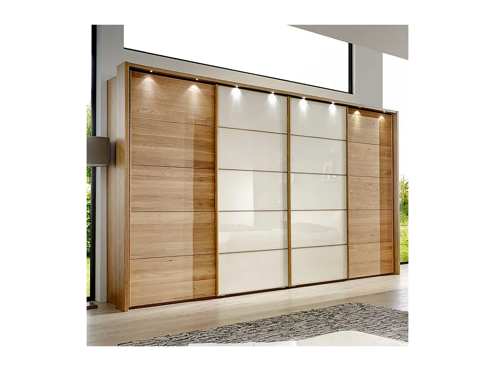 Schiebetürenschrank in Creme mit Eiche Massivholz