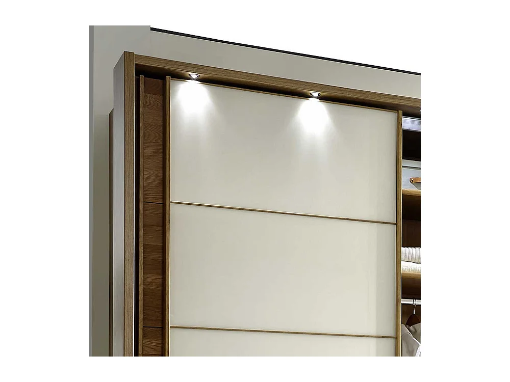 Schiebetürenschrank in Creme mit Eiche Massivholz