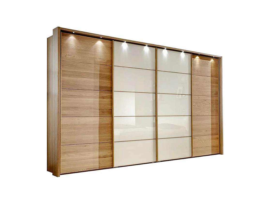 Schiebetürenschrank in Creme mit Eiche Massivholz