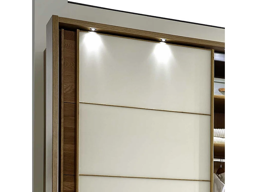 Schiebetürenschrank in Creme mit Eiche Massivholz