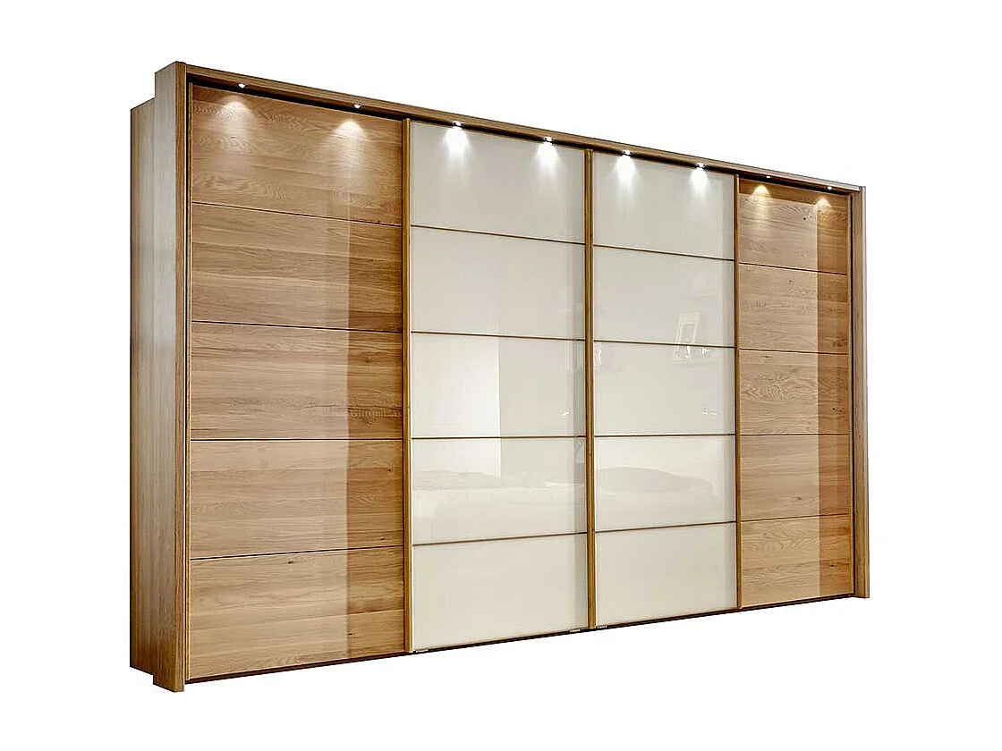 Schiebetürenschrank in Creme mit Eiche Massivholz