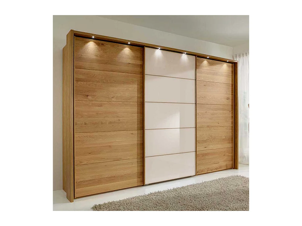 Schwebetuerenschrank in Eiche Bianco Beige Glasfront